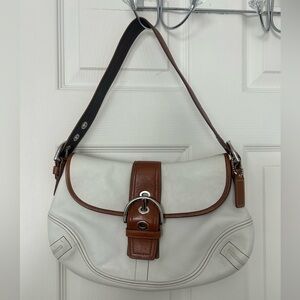 Vintage Coach White and Brown Leather Shoulder Bag with Adjustable Strap